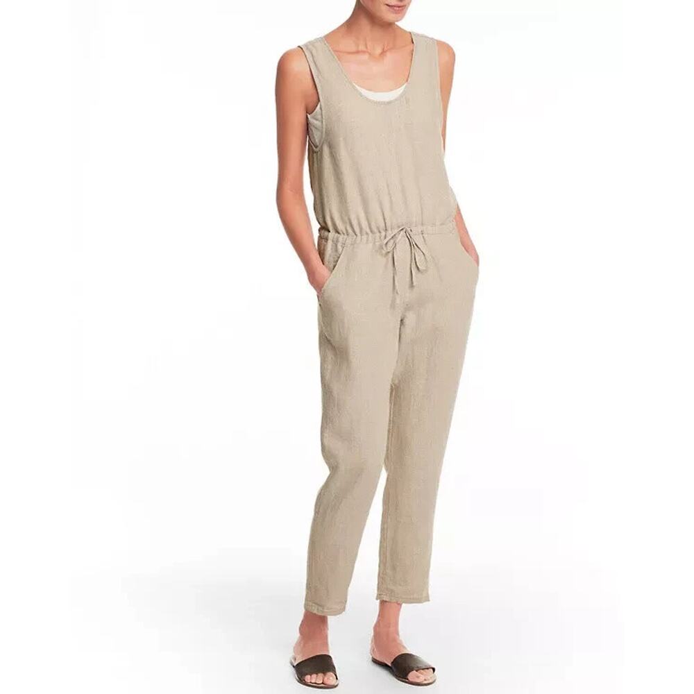 Garnet Hill 100% Linen Jumpsuit Beige Tan Drawstring Minimalist Neutral Size 8